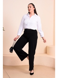 Kadın Kumaş Pantolon, Kemerli, Geniş Paça Palazzo Model, Siyah