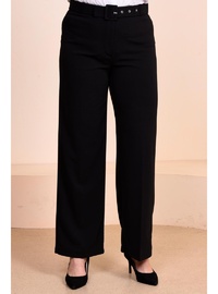Kadın Kumaş Pantolon, Kemerli, Geniş Paça Palazzo Model, Siyah