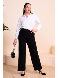 Kadın Kumaş Pantolon, Kemerli, Geniş Paça Palazzo Model, Siyah