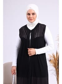 Kadın Büyük Beden Transparan Taşlı Uzun Yelek Siyah