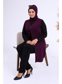 Kadın Büyük Beden Üç Düğmeli Likralı Yelek Mürdüm