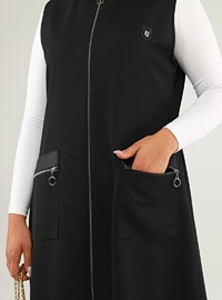 Kadın Deri Cepli Büyük Beden Uzun Yelek Siyah