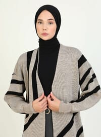 Geometrik Desenli Balon Kollu Uzun Triko Hırka Vizon Siyah