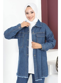 Püskül Detaylı Kot Ceket Mavi
