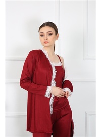 Bordo Dantelli 3'lü Sabahlık Takım