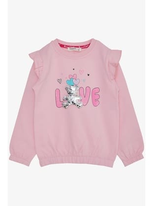 BREEZE Kız Çocuk Sweatshirt Pullu Ayıcık Aksesuarlı Simli Yazı Baskılı 1.5-5 Yaş, Pembe