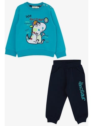Breeze Erkek Çocuk Eşofman Takımı Minik Dinozor Nakışlı 1-4 Yaş, Turkuaz