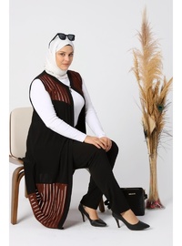 Kadın Büyük Beden Transparan Taşlı Uzun Yelek Kahverengi