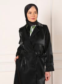 Parlak Kumaş Trençkot Siyah Refka