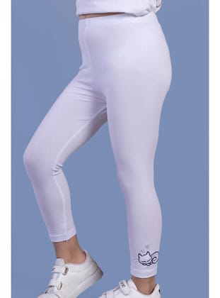 Toontoy Kız Çocuk Kedi Nakışlı Tayt-Beyaz
