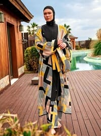 Desenli Kimono Kaftan P2407 Siyah