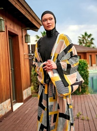 Desenli Kimono Kaftan P2407 Siyah