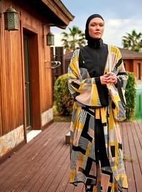 Desenli Kimono Kaftan P2407 Siyah