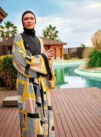 Desenli Kimono Kaftan P2407 Siyah