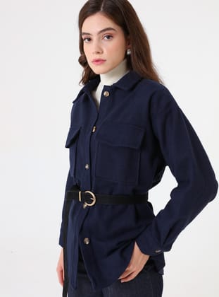 Oversize Cep Detaylı Kaşe Ceket - Lacivert- Benin