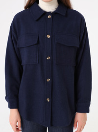 Oversize Cep Detaylı Kaşe Ceket Lacivert