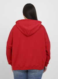 Büyük Beden Baskı Detaylı Kapşonlu Sweatshirt Kırmızı