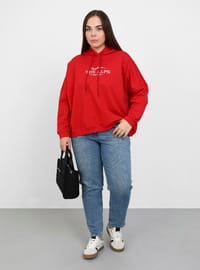 Büyük Beden Baskı Detaylı Kapşonlu Sweatshirt Kırmızı