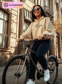 Büyük Beden Baskı Detaylı Kapüşonlu Sweatshirt Taş Rengi