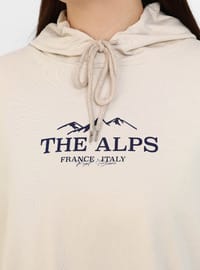 Büyük Beden Baskı Detaylı Kapüşonlu Sweatshirt Taş Rengi