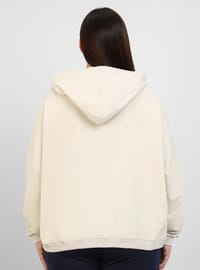 Büyük Beden Baskı Detaylı Kapüşonlu Sweatshirt Taş Rengi