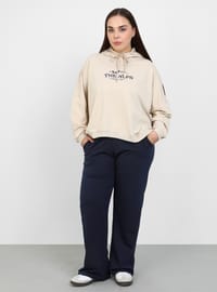 Büyük Beden Baskı Detaylı Kapüşonlu Sweatshirt Taş Rengi