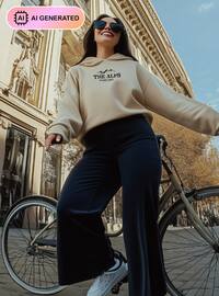 Büyük Beden Baskı Detaylı Kapüşonlu Sweatshirt Taş Rengi