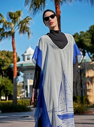 Remsa Tesettür Mayo Üzerine Tasarım Tek Kaftan Pareo RDP003 Yelkenli