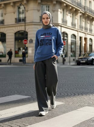 Baskı Detaylı Sweatshirt - İndigo - Benin