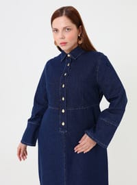 Büyük Beden Düğmeli Cepli Denim Elbise Koyu Lacivert Alia