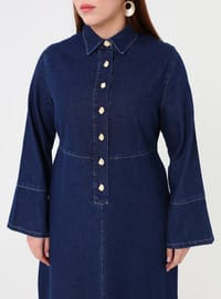 Büyük Beden Düğmeli Cepli Denim Elbise Koyu Lacivert Alia