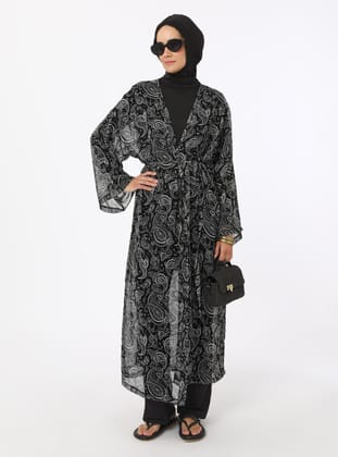 Şal Desen Kimono - Siyah Beyaz - Mayo Bella