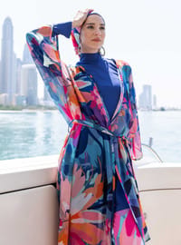 Manolya Desenli Tesettür Mayo Koyu Indigo
