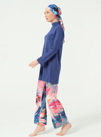 Manolya Desenli Tesettür Mayo Koyu Indigo