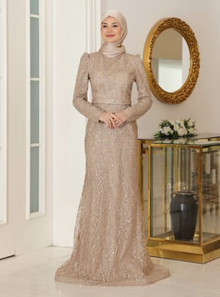 Tuana Tesettür Abiye Elbise - Gold Rengi - Azra Design