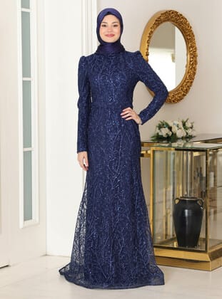 Tuana Tesettür Abiye Elbise - Lacivert - Azra Design