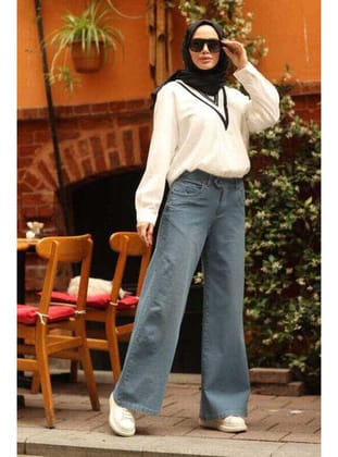 1067-Denim Bol Paça Pantolon Mavi
