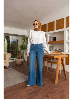 1067-Denim Bol Paça Pantolon Mavi