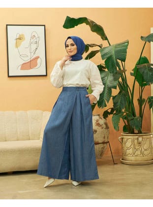 1073-Denim Tensel Pantolon Etek Koyu Mavi