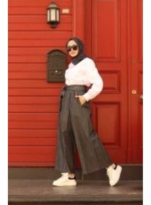 1119-Denim Lastikli Pantolon Etek Koyu Gri
