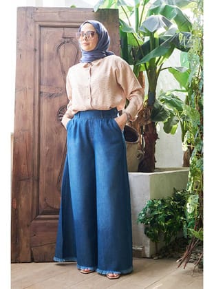 1153-Denim Püsküllü Pantolon Etek Koyu Mavi