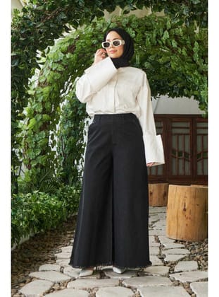 1153-Denim Püsküllü Pantolon Etek Siyah