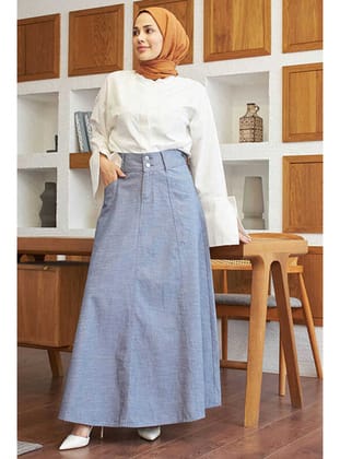 2195-Denim Mevlana Etek Koyu Mavi