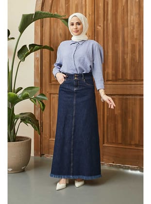 2252-Denim Püsküllü Etek Lacivert