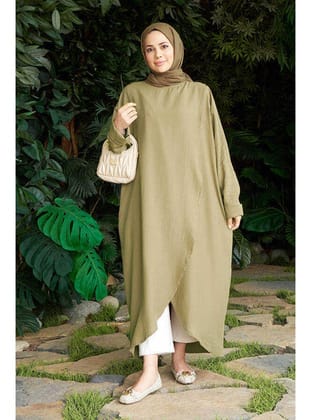 6394-Denim Parça Boya Standart Tunik Haki