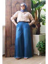 Püsküllü Denim Pantolon Etek Koyu Mavi
