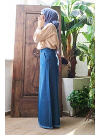 Püsküllü Denim Pantolon Etek Koyu Mavi