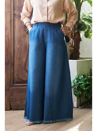 Püsküllü Denim Pantolon Etek Koyu Mavi