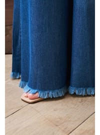 Püsküllü Denim Pantolon Etek Koyu Mavi