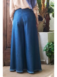 Püsküllü Denim Pantolon Etek Koyu Mavi